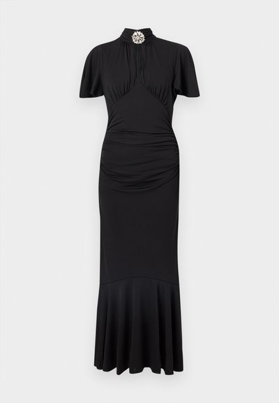 Fekete midi ruha rövid ujjakkal, ráncolt felsőrésszel, magasan záródó nyakkal és díszes gyöngy részlettel a gallérnál. Bővülő szegély. Rugalmas anyag.