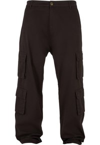 Pantalones cargo de mezcla de algodón en negro, con un corte holgado, múltiples bolsillos laterales y cierre de botón. La tela tiene una textura suave.