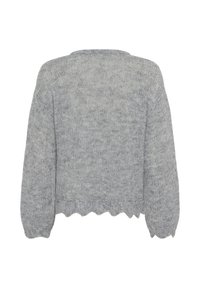 Ljusgrå stickad tröja med vid rund halsringning, puffiga ärmar och vågig fåll. Texturerat tyg med mjukt och mysigt utseende.