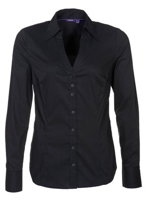 Blouse noire cintrée à manches longues avec col pointu et poignets à boutons.