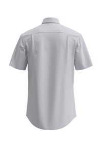 Koszula krótki rękaw, jasnoszara, w małe niebieskie kropki. Posiada klasyczny kołnierzyk i prosty dół oraz wykończenie z tyłu w formie yoke.
