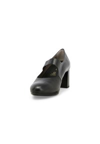Scarpa nera in pelle con tacco alto, punta rotonda, una cinghia sulla parte superiore e un tacco largo. Texture liscia e design minimalista.