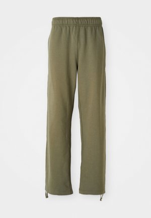 Olivengrønne bomullssweatpants med elastisk midje, rette ben og justerbare snorer ved anklene. Myk tekstur, uformell design.