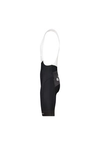 Black cycling bib shorts with white straps, featuring contoured panels, a padded seat, and reflective accents for visibility.