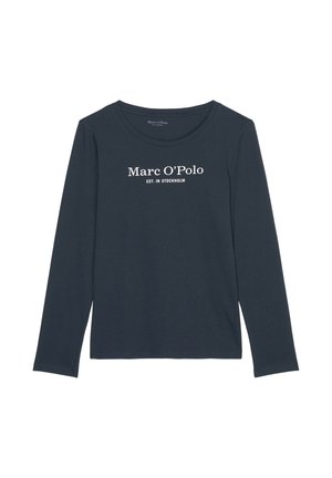 Long-sleeve navy blue t-shirt made from soft cotton, featuring a round neckline and white text: "Marc O'Polo EST. IN STOCKHOLM."