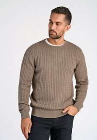 Brun kabelstickad tröja med rund halsringning, ribbade muddar och nederkant. Buren över en vit skjorta med en texturerad, mönstrad design.