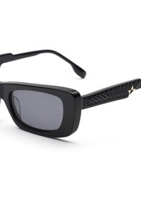 Occhiali da sole neri con montatura rettangolare e lenti scure. Presentano aste nere testurizzate con un accento dorato a forma di stella. Materiale plastico liscio.