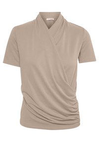 Blouse beige à manches courtes, portefeuille avec devant drapé et détail froncé sur le côté, adaptée pour un style décontracté ou professionnel.