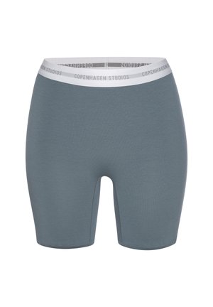 Mid-length gray shorts with a smooth texture. White waistband features "Copenhagen Studios" printed along the edge.
