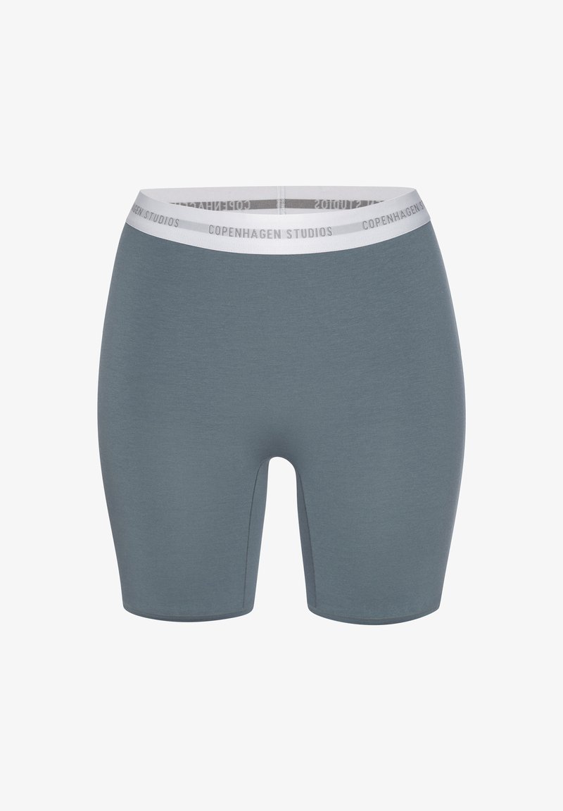 Mid-length gray shorts with a smooth texture. White waistband features "Copenhagen Studios" printed along the edge.