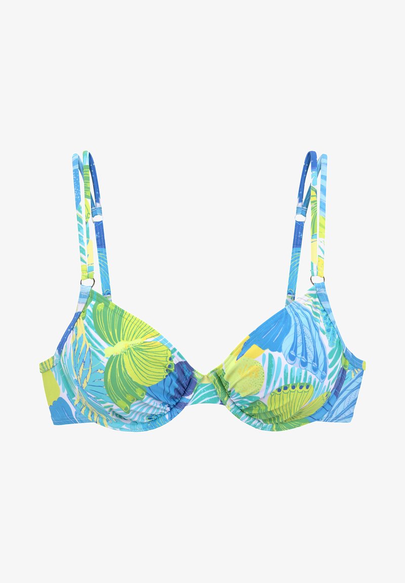 Kleurige bikini-top met een tropisch patroon in blauw en groen. Driehoekige cups met verstelbare bandjes en geplooide details in het midden.