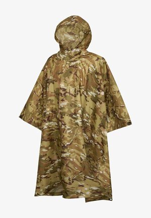 Yhdistelee kevyen, vettä hylkivän kankaan, tämä kamouflage-poncho on varustettu hupulla ja lyhyillä hihoilla. Sen muoto on löysä ja suorakulmainen.