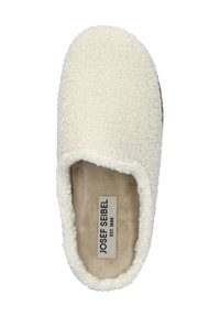 Crème-kleurige slipper met een gestructureerde, faux fur bovenkant, ronde neus en een zachte voering. Bevat een label aan de binnenkant met "Josef Seibel Established 1866."
