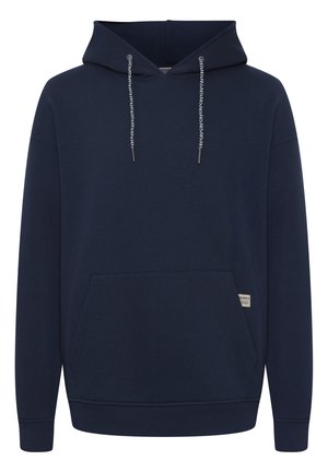 Haut en coton bleu marine avec une poche frontale, capuche avec cordon de serrage ajustable et poignets côtelés. Présente une petite étiquette de marque sur le côté inférieur.