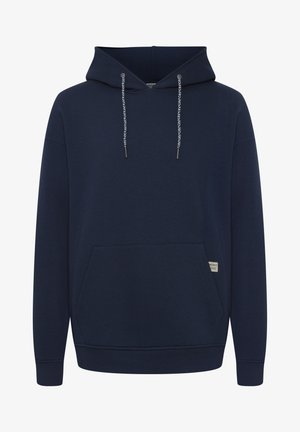 Haut en coton bleu marine avec une poche frontale, capuche avec cordon de serrage ajustable et poignets côtelés. Présente une petite étiquette de marque sur le côté inférieur.