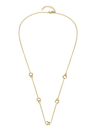 Zarte Goldkette mit fünf kleinen Clustern aus jeweils drei miteinander verbundenen Ringen, die gleichmäßig entlang der Kette verteilt sind.