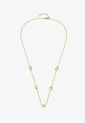 Zarte Goldkette mit fünf kleinen Clustern aus jeweils drei miteinander verbundenen Ringen, die gleichmäßig entlang der Kette verteilt sind.