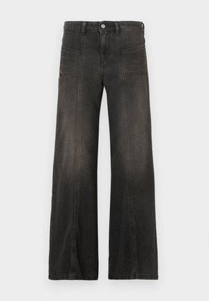 Svart denimplagg med vida ben och en urblekt finish, med två framfickor och sömnadsdetaljer längs sömmarna. Hög midja.