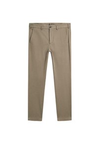 Khaki chinos lavet af en bomuldsblanding, med et lige ben-design, to frontlommer og en knaplukning. Glat tekstur med minimal detaljering.