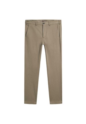 Khaki chinos wykonane z mieszanki bawełny, z prostymi nogawkami, dwiema przednimi kieszeniami i zapięciem na guziki. Gładka tekstura z minimalnym zdobieniem.