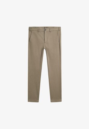 Khaki chinos gemaakt van een katoenmix, met een recht gesneden ontwerp, twee voorzakken en een knoopsluiting. Soepele textuur met minimale details.