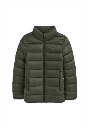 Veste matelassée vert foncé avec fermeture éclair à l'avant, col haut, poches latérales et petit logo brodé sur la poitrine gauche.