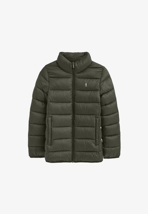 Veste matelassée vert foncé avec fermeture éclair à l'avant, col haut, poches latérales et petit logo brodé sur la poitrine gauche.