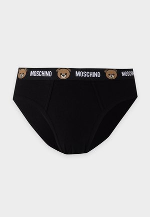 Cuecas pretas de homem com uma cintura de marca com o nome Moschino e logótipos com rosto de urso castanho.