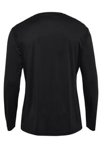 Schwarzes Langarmshirt, runder Ausschnitt, glatte Textur, leichtes Material, keine sichtbaren Muster oder Akzente, Rückansicht angezeigt.