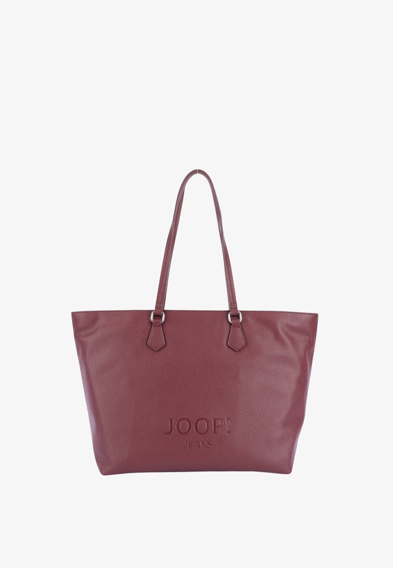 Burgundská kožená taška cez rameno s dvoma popruhmi a embosovaným logom "JOOP! JEANS" na prednom strede.