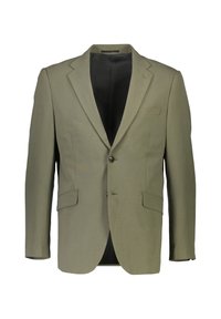 Olijfgroene blazer van textuurstof, met een gelapte kraag, een enkele knoopsluiting, twee voorzakken en een zwarte voering aan de binnenkant.