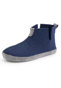Navy blue felt ankle boot with gray suede accents. Features a closed toe, elastic side panels, and a textured gray sole.
