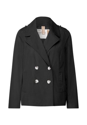 Veste noire à double boutonnage avec col cranté, deux poches avant et boutons en métal argenté. Fabriquée en tissu lisse et léger.