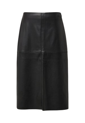 Zwarte leren rok met een rechte silhoeët, een soepele textuur en subtiele gestikte details. Ontworpen voor een knie-lange pasvorm.