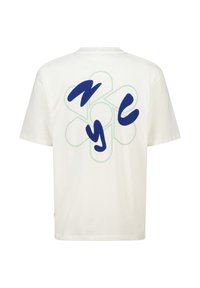 White cotton t-shirt featuring a large graphic on the back with “NYC” in blue and green curves, with a rounded neckline and short sleeves.