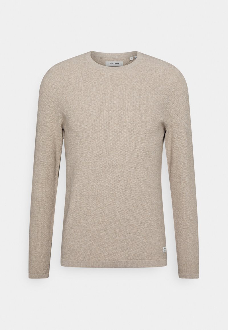 Beige langärmliger Strickpullover mit Rundhalsausschnitt, mittlerer Passform und feiner Textur, geeignet für legere oder semi-formelle Anlässe.