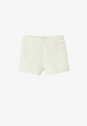 Shorts en tweed blanc présentant un tissu texturé avec des fils dorés, devant plat et deux boutons décoratifs sur le côté.
