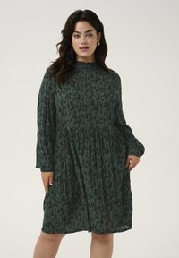 Robe verte avec un motif abstrait noir, manches longues, col haut et taille froncée, fabriquée en tissu léger.