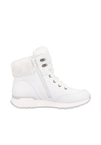 Bottes blanches à la cheville avec un col en fausse fourrure, fermeture éclair latérale et lacets à l'avant. Matériau en cuir lisse avec une semelle en caoutchouc et des accents en métal argenté.