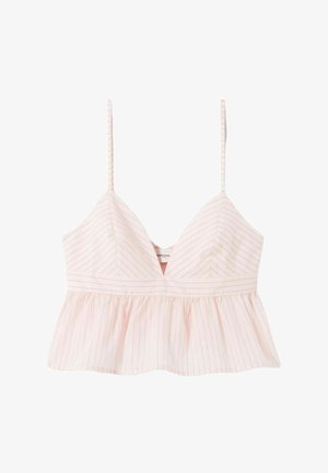 Top corto rosa chiaro senza maniche con spalline sottili, scollo a v, sottili righe verticali e orlo a sbuffo arricciato.