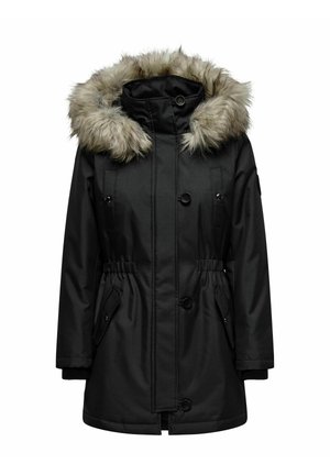 Parka noire avec une capuche en fausse fourrure, dotée d'une fermeture éclair, d'une taille élastique et de deux poches avant. Texture lisse avec un design structuré.