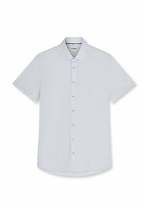 Light blue and white thinly striped short-sleeve button-up shirt with a classic collar and six visible buttons down the front.