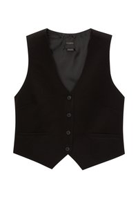 Gilet noir avec un design en V, cinq boutons, deux poches avant et une doublure intérieure lisse. Fabriqué à partir d'un tissu texturé.