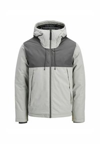 Hellgraue Jacke mit einem dunkelgrauen Oberteil, Kapuze, durchgehendem Reißverschluss und elastischen Bündchen. Glattes Material mit leicht gepolsterter Textur.