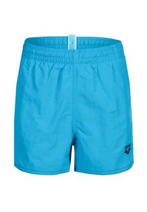 Felblauwe zwembroek met elastische tailleband en klein zwart logo op het onderste rechterbeen, afgebeeld tegen een witte achtergrond.