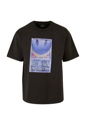 Black cotton t-shirt featuring a graphic print of a smiley face with text, short sleeves, and a relaxed fit.