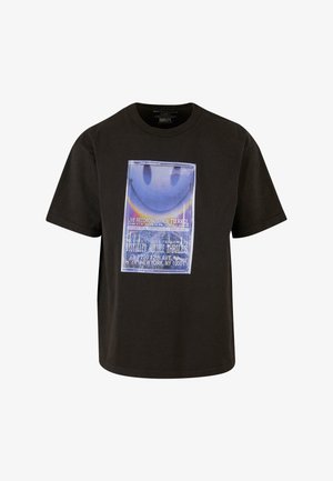 Black cotton t-shirt featuring a graphic print of a smiley face with text, short sleeves, and a relaxed fit.