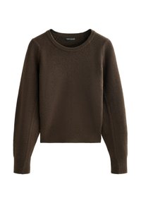 Maglione a coste marrone in maglia con scollo rotondo e maniche raglan. Presenta una lunghezza cropped e un tessuto textured. Senza chiusure visibili.