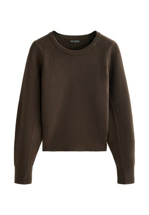Pulover tricotat cu model în relief, de culoare maro, cu guler rotund și mâneci raglan. Prezintă o lungime scurtă și un material texturat. Fără închideri vizibile.