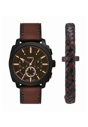 Herrenarmbanduhr von Fossil mit schwarzem Zifferblatt, Chronograph, braunem Lederband und passendem braun-schwarzem geflochtenem Lederarmband.